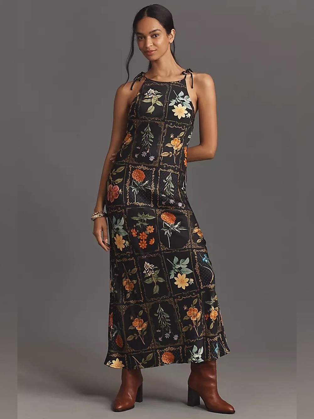 By Anthropologie Midi Dress Tie-Neck Column Floral Black Cottage Woman XS